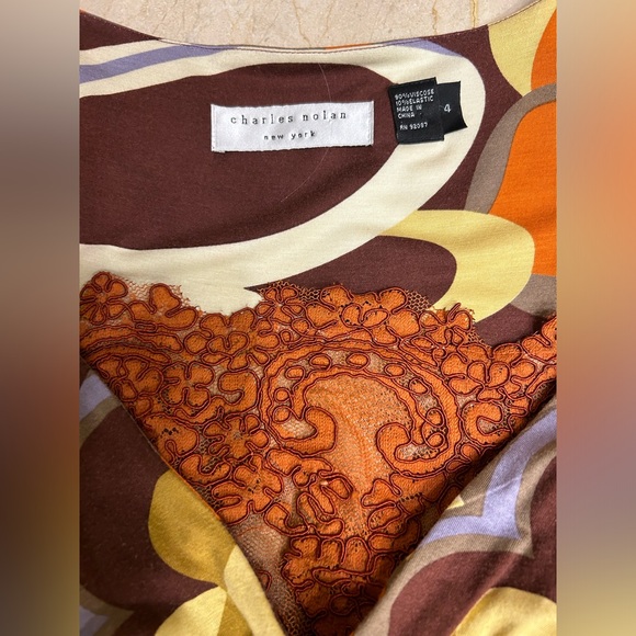 Charles Nolan Dress, Browns & Oranges, Wrap, Ruckering Side, Long Sleeved, Sz 4 - Picture 10 of 16